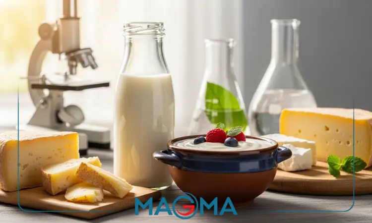 انواع محصولات لبنی تازه و سالم روی میز در کنار نمادهای ایمنی و علمی.